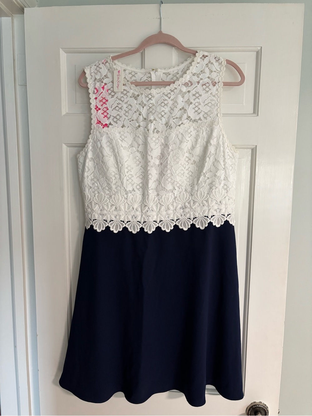 Lilly Pulitzer Carolyn Dress- White Lace Bodice Navy Skirt Mini Dress